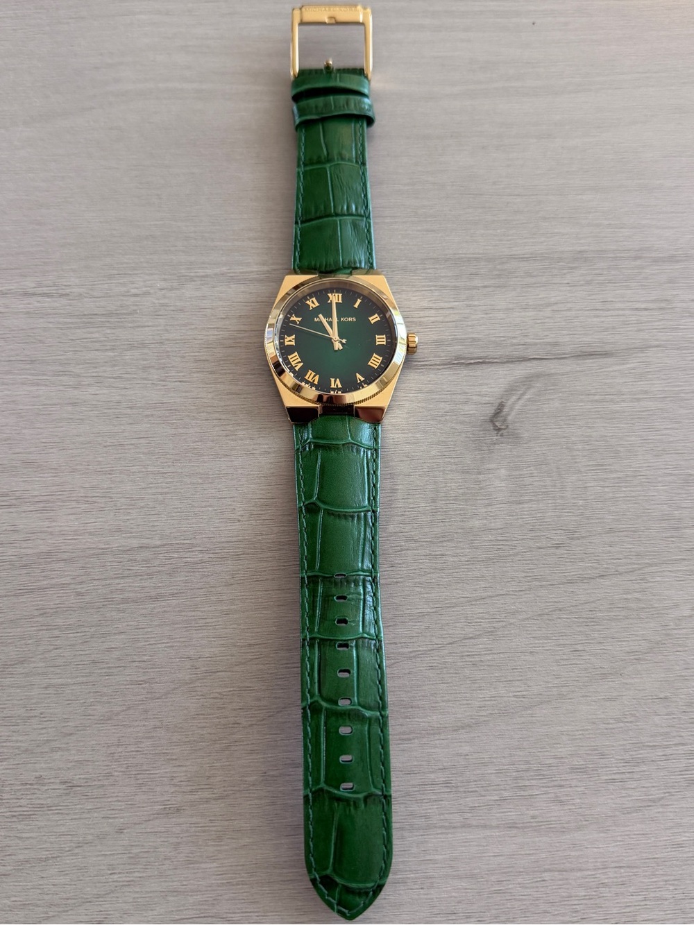 Michael Kors Gold-Tone Watch with Green Strap and Dial